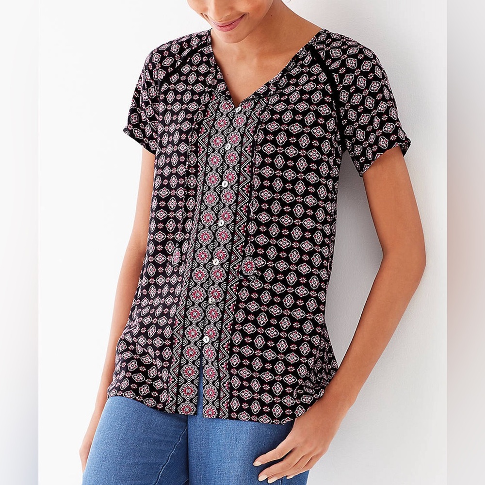 J Jill Women’s Purple Short Sleeve Tie Button Border Print Front Boho. Sz Small.